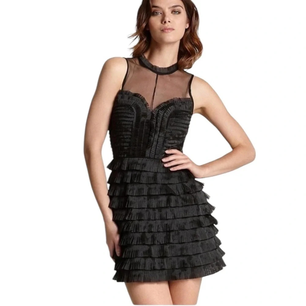 Free People Black Mesh Pleated Ruffle Tiered Mini Cocktail Party Dress Size 0